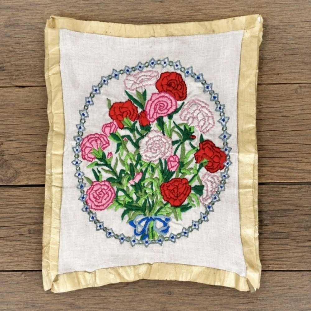 Vintage Hand Embroidered Floral Bouquet Carnations Textile Needlework 17x13